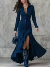 vestido largo con abertura y cuello levantado con cremallera ajustada de gamuza europea y americana