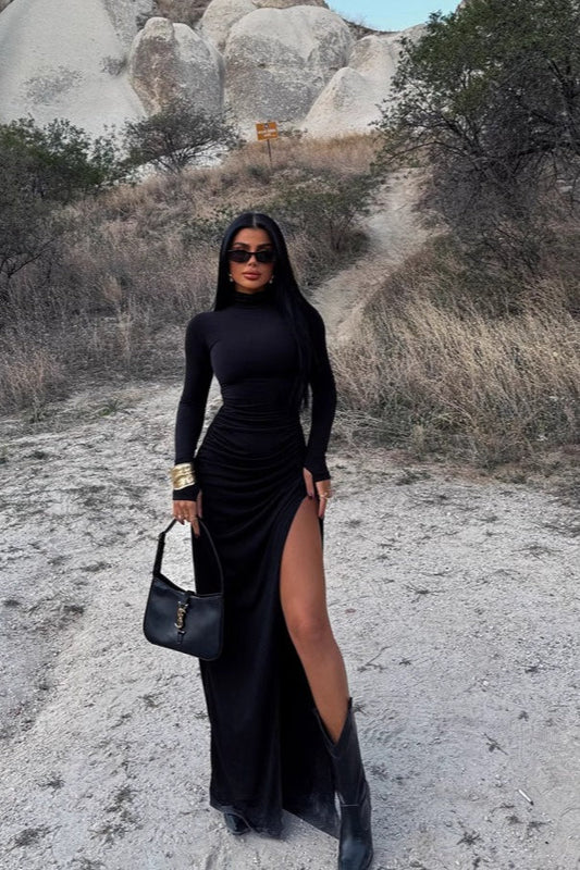 Vestido largo elegante de color liso con abertura alta