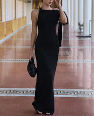 Vestido largo sin mangas con cuello redondo y patchwork